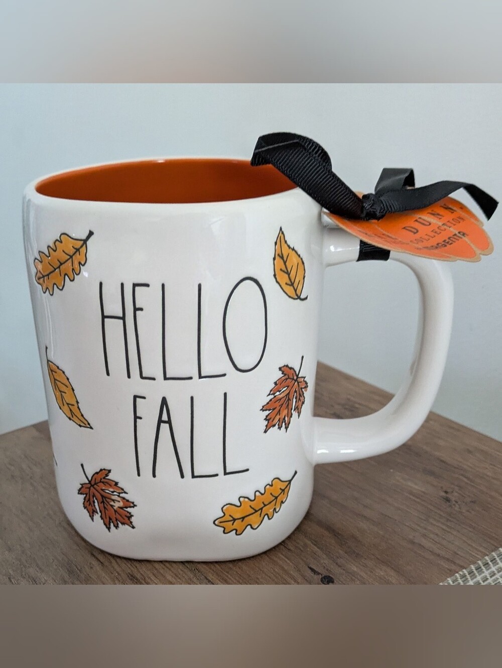 Rae Dunn White Mug with Orange Interior and Autumn Leaf Motif